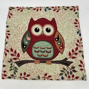 Pillow Sham Owl Tapestry Weave Zip Closure 17x17 Whimsical Autumnal Earth Tones
